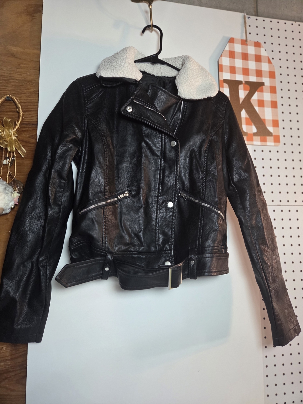 Black Faux Leather Moto Jacket with Sherpa Collar
